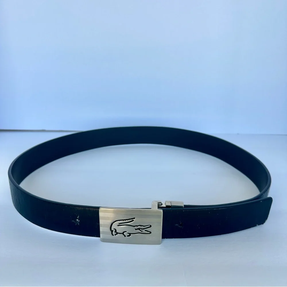 Lacoste Mens Reversible Black And Brown Leather Belt Size 34 Silver Buckle Croc